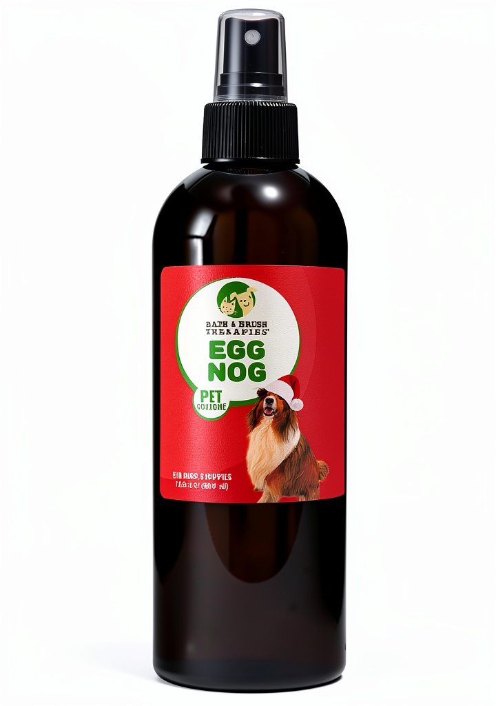 Applying holiday dog cologne spray on a golden retriever