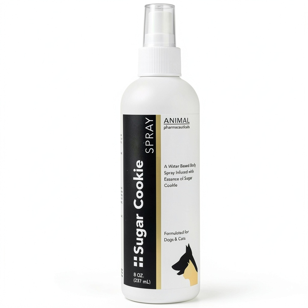 Pet owner spraying deodorizer on a dog after a walk