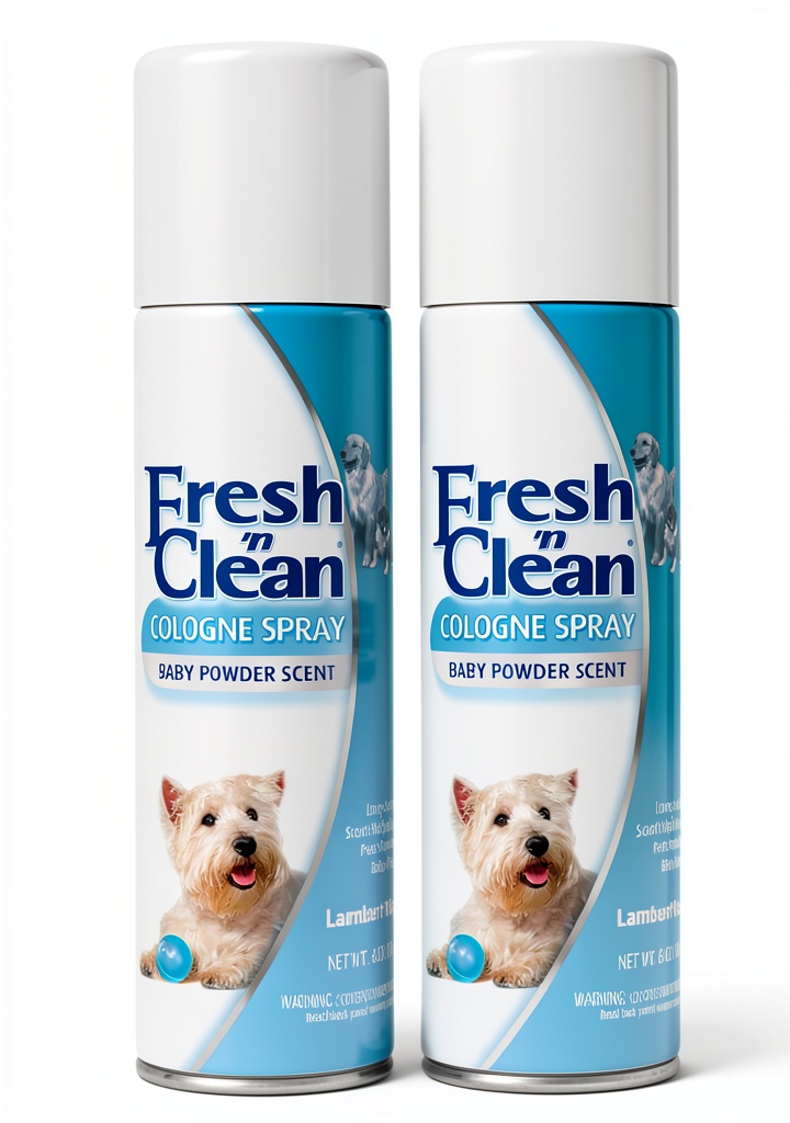 Dog being sprayed with PetAg Cologne in a living room