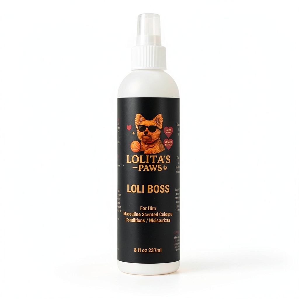 Lolita's Paws dog cologne bottle on a grooming table