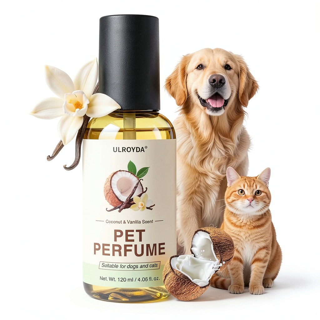 Ulroyda dog cologne bottle on a grooming table