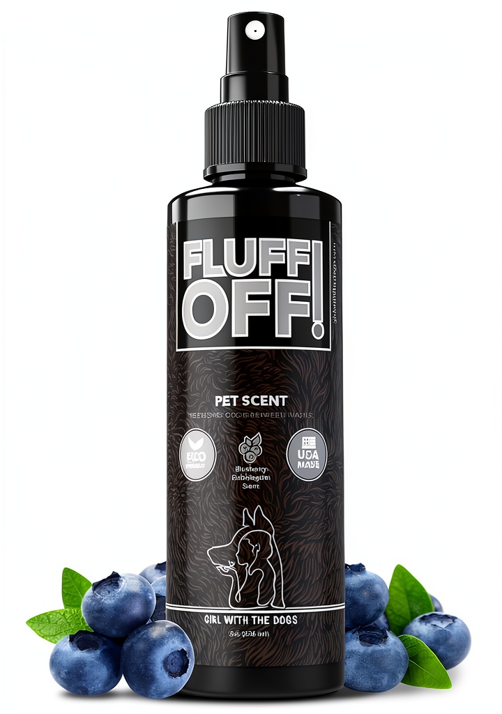 Applying FLUFF OFF cologne spray on a dog's coat