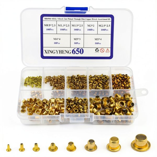 XINGYHENG 650pcs Zinc Plated Copper Rivets Kit 8 Sizes Plastic Case-0