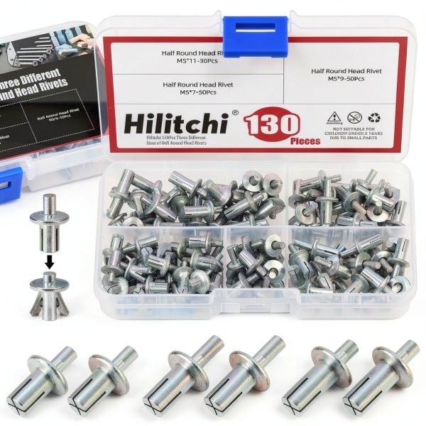 Hilitchi 130Pcs M5 x 7mm 9mm 11mm Aluminum Core Rivets with Semi Round Head, Hammer Drive Rivets Knock Type Aluminum Rivets Semi Round Head Expansion Aluminum Rivets for Households Mechanical Devices-0